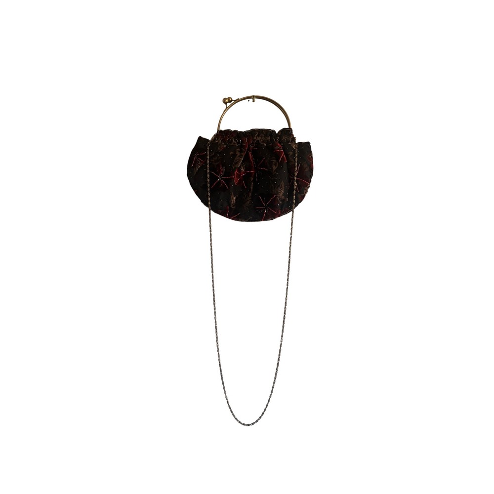 Vintage Style Black Velvet Floral Beaded Evening Bag Red Flower Ring Handle‎